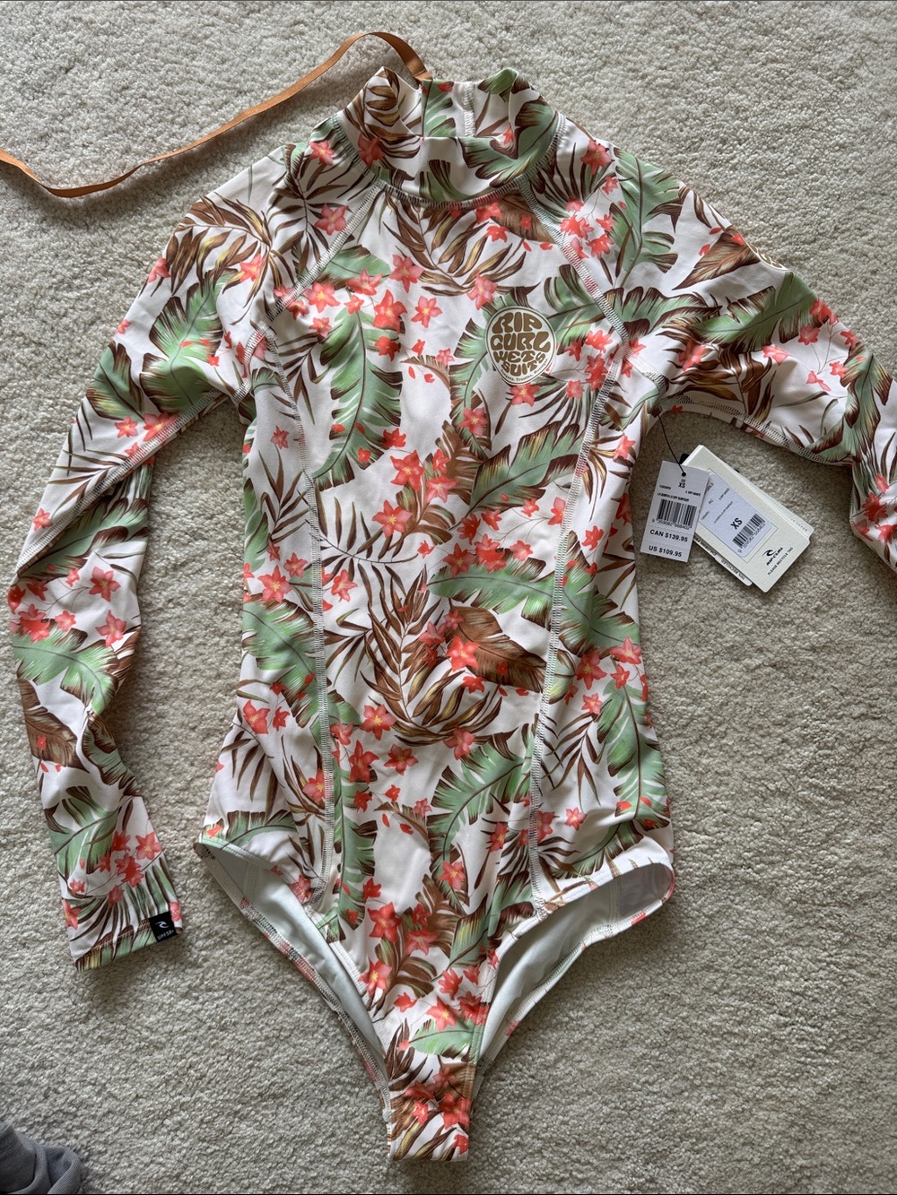 Rip Curl Floral Tropical Long Sleeve One-Piece Swimsuit - White, Green, Coral